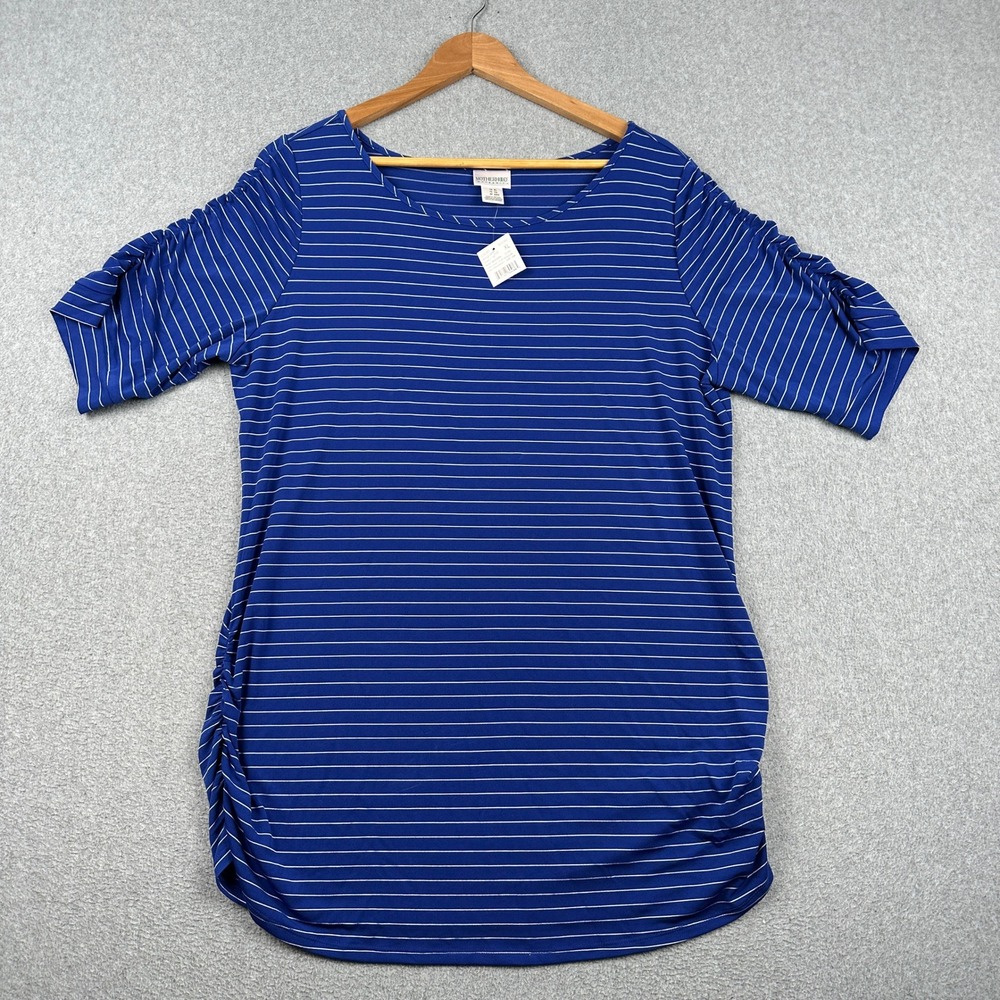 Motherhood Maternity Top Womens XL Blue White Striped Ruched Side NEW